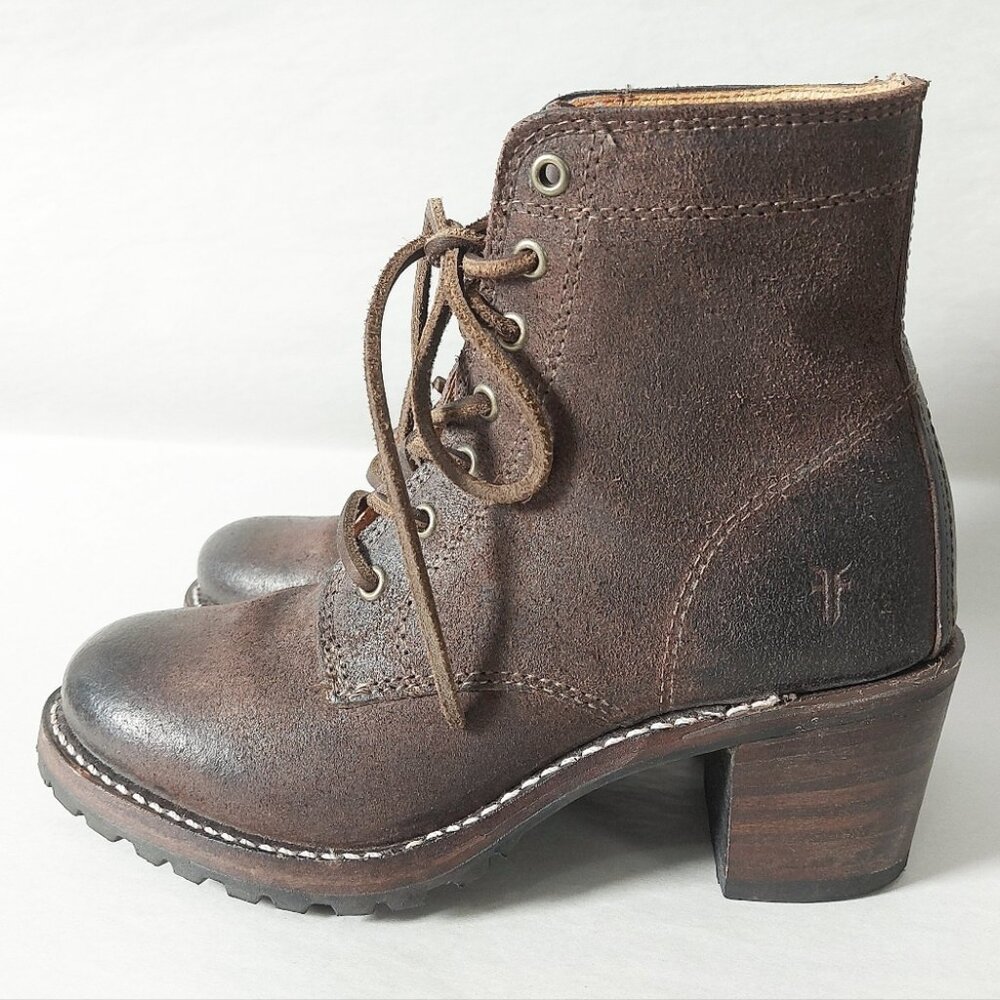 Frye Sabrina 6G Laceup Combat Boots 5.5 M Dark Brown Rugged Chunky Block Heels - Picture 3 of 13